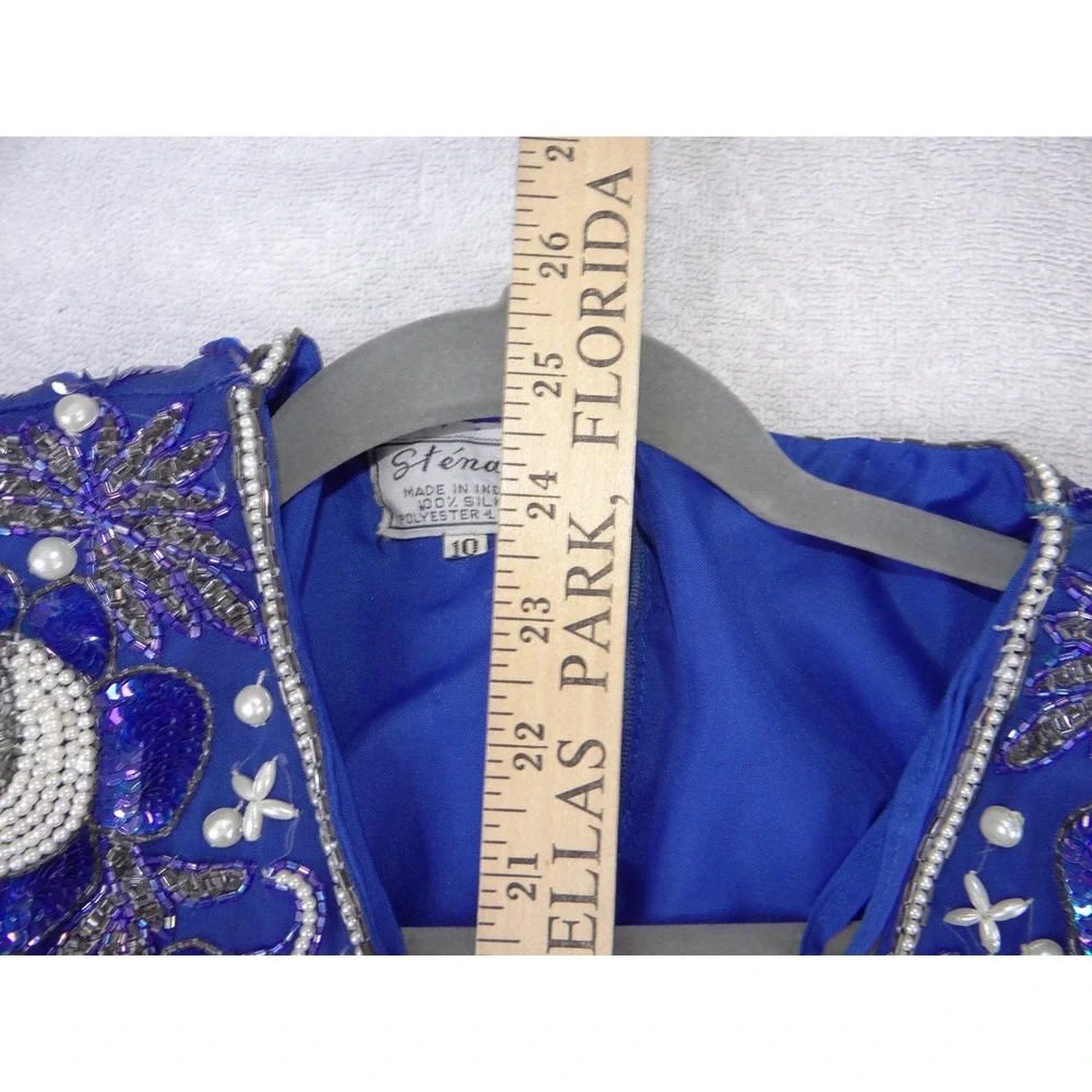 Stenay Vintage Royal Blue Silk Sequin Beaded 2-Piece Skirt Set Size 10 3978